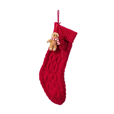 Glitzhome® 22"L Red Knitted Christmas Stocking with Gingerbread Man Ornament