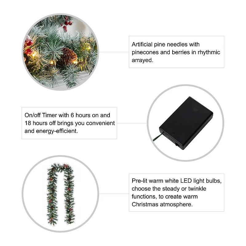 Glitzhome® 2 Pack 9ft. Pre-Lit Greenery Pinecones & Red Berries Christmas Garland