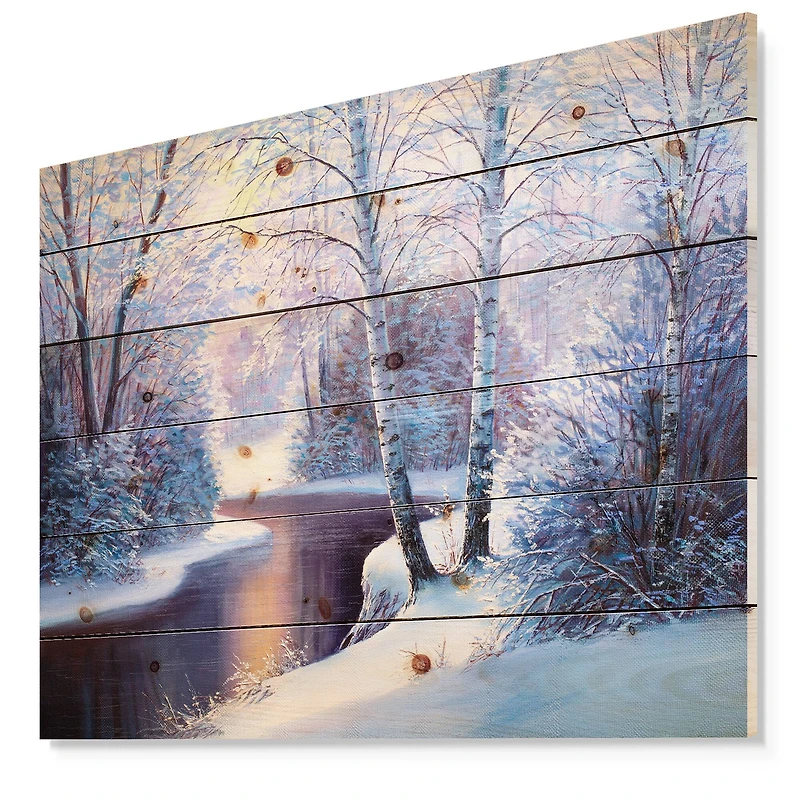 Designart - Winter Forest in River Sunset