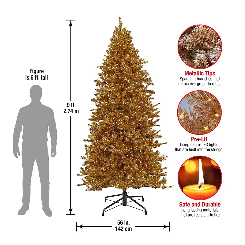 9ft. Pre-Lit True Gold Metallic Artificial Christmas Tree, White LED Lights
