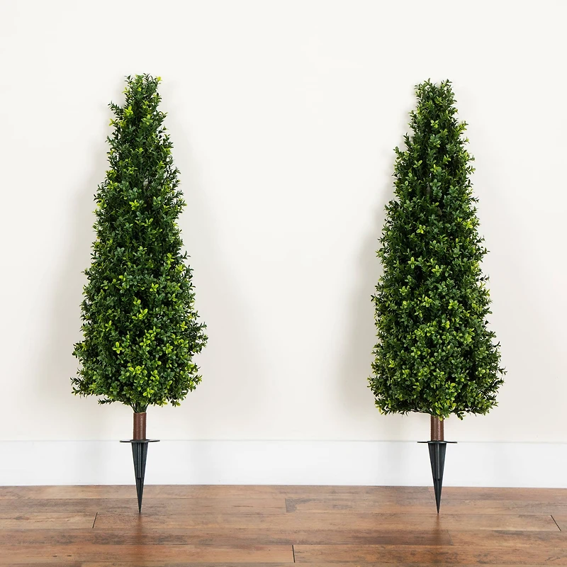 4ft. UV Resistant Artificial Boxwood Plant with Integrated Ground Stake (Indoor/Outdoor) - Set of 2