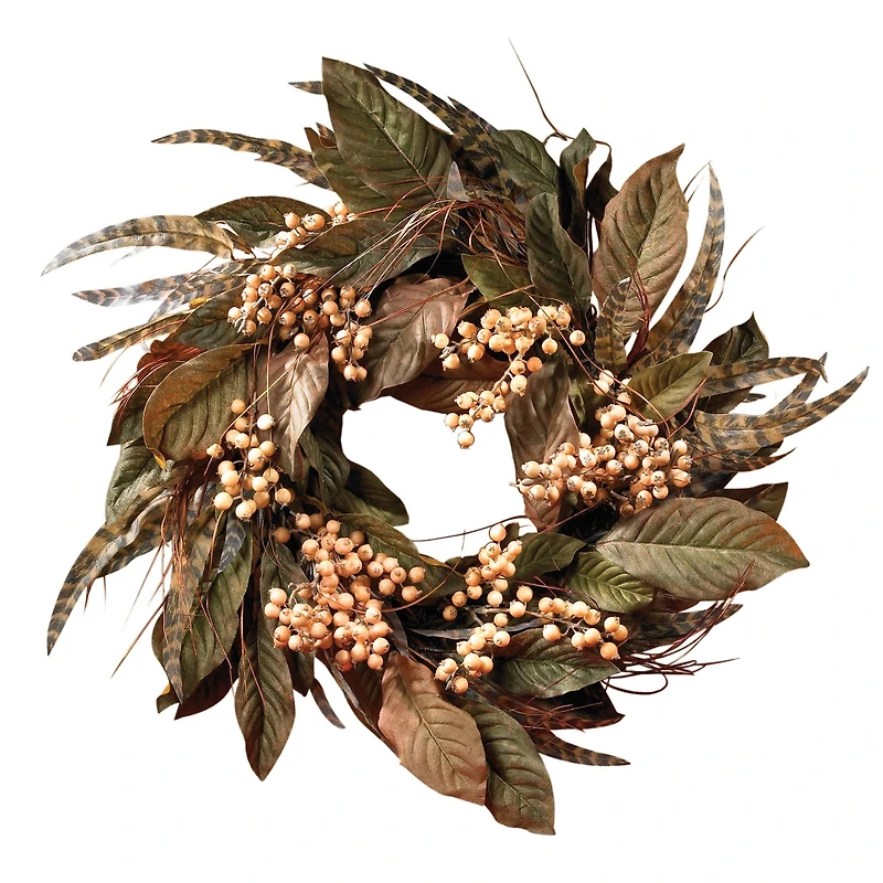 24" Green Feather & Berry Wreath