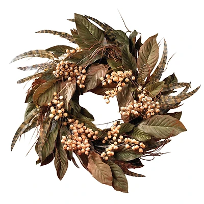 24" Green Feather & Berry Wreath
