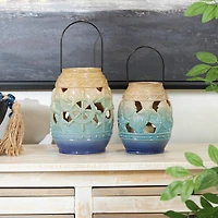 Blue Ceramic Ombre Nautical Cutout Candle Lantern Set