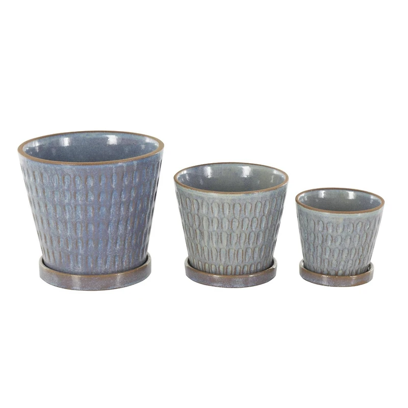 Blue Geometric Oval Patterned Ceramic Planter Set