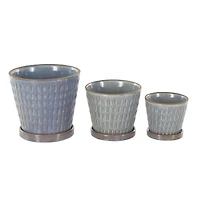 Blue Geometric Oval Patterned Ceramic Planter Set