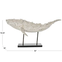 32" Cream Polystone Whale Sculpture with Brown Distressing & Black Metal Stand