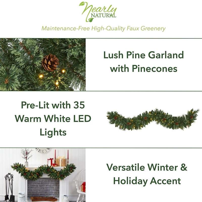 6ft. Pre-Lit White Warm LED White Mountain Pine & Pinecones Artificial Garland