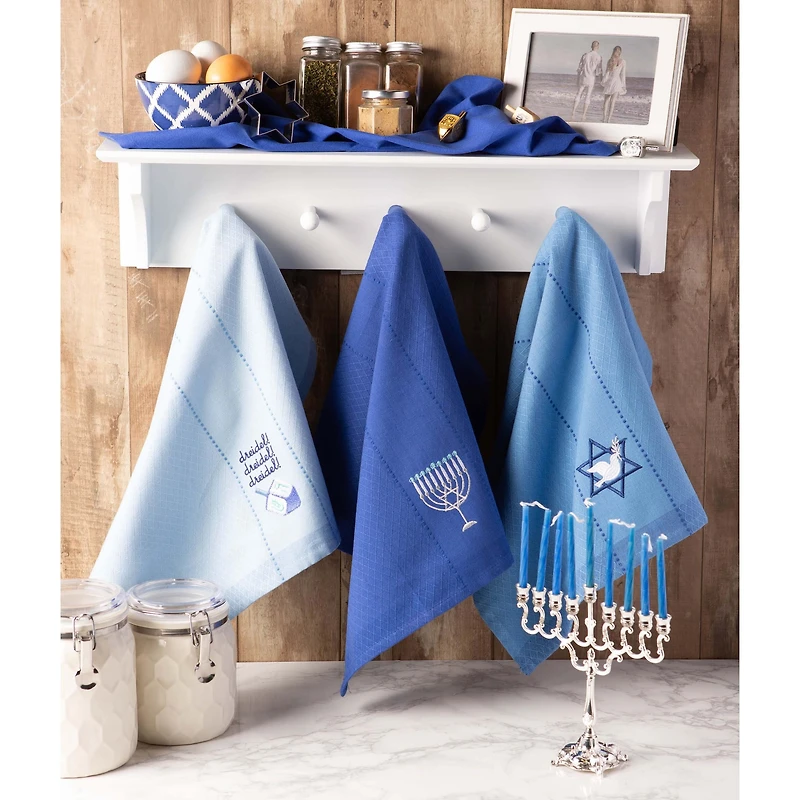 DII® Assorted Blue Hanukkah Embroidered Dishtowels Set