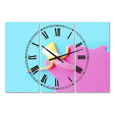 Designart 'Pink And Blue Banana Large Modern Multipanel Wall Clock