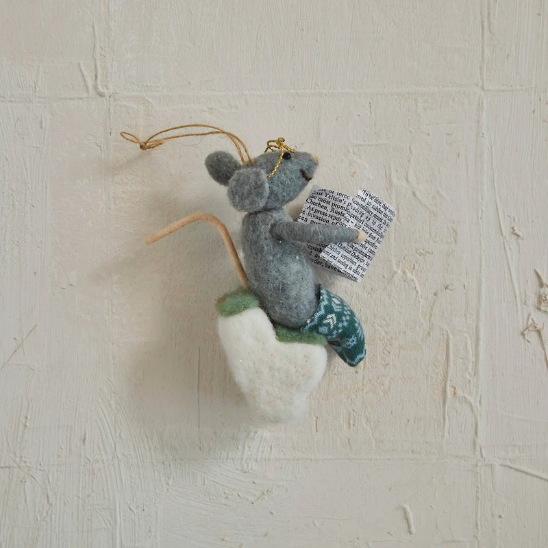 Hello Honey® 4.75" Handmade Wool Felt Mouse on Toilet with Glasses & Newspaper Ornament