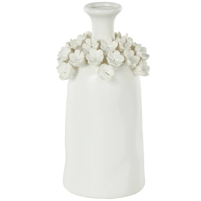 12" White Floral Narrow Opening Ceramic Decorative Vase