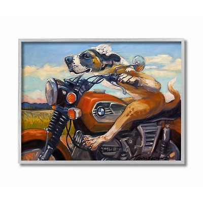 Stupell Industries Dog And Cat on a Red Motorcycle Road Trip Painting in Gray Frame Wall Art