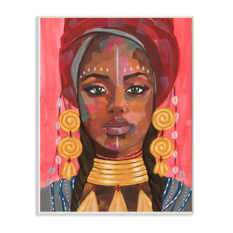 Stupell Industries African Female Portrait with Golden Jewelry Wood Wall Plaque