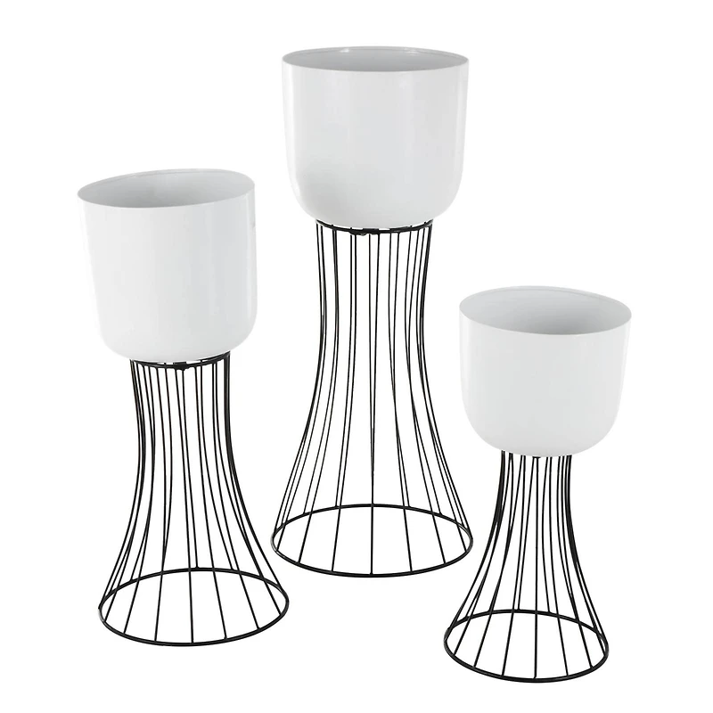 White Metal Planter with Black Hourglass Stands Set