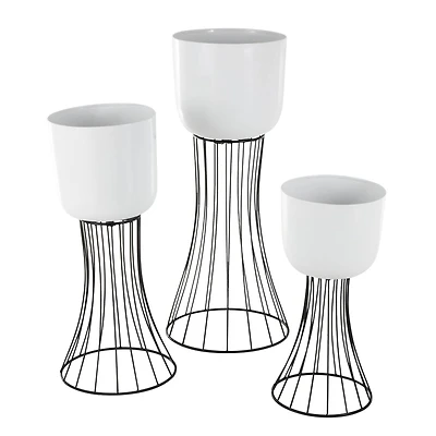 White Metal Planter with Black Hourglass Stands Set
