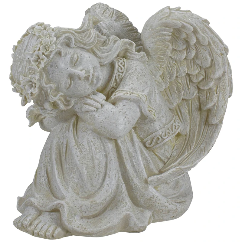 8.5" Ivory Resting Angel with Floral Crown Outdoor Garden Statue