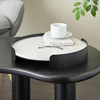 15.75" White Marble Round Living Room Décor Tray with Black Metal Frame