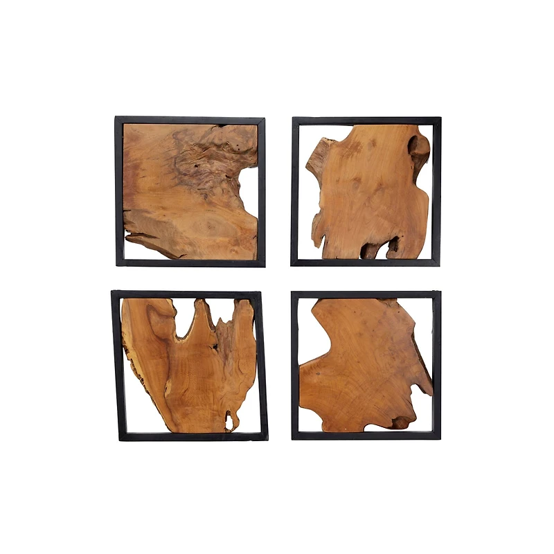 Set of 4 Brown Teak Wood Rustic Abstract Wall Decor, 18" x 18"