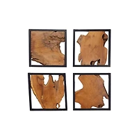 Set of 4 Brown Teak Wood Rustic Abstract Wall Decor, 18" x 18"