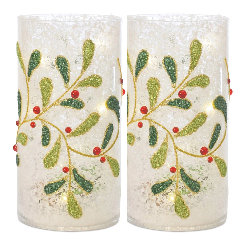 7.75" Beaded Glass Mistletoe Candle Holders, 2ct.