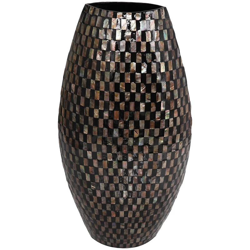 24" Black Mother of Pearl Handmade Geometric Mosaic Inspired Thin Vase