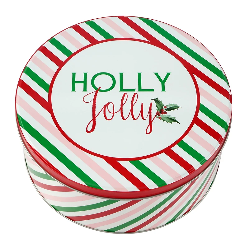 Holly Jolly Stripes Round Christmas Tin by Makery™