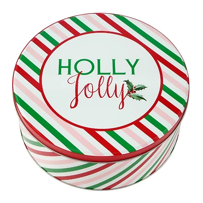 Holly Jolly Stripes Round Christmas Tin by Makery™