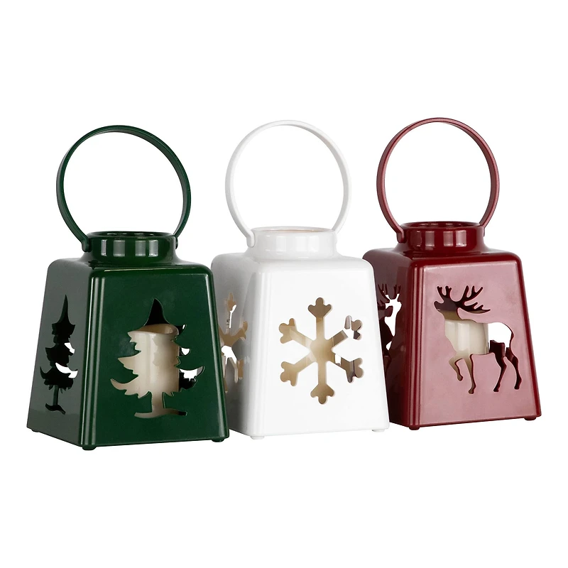LED Lighted Tree Snowflake and Reindeer Christmas Candle Lanterns - 8" - Set of 3