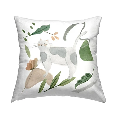 Stupell Industries Gray Cat Mixed Botanical Herb Leaves Throw Pillow, 18" x 18"