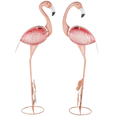 46" Tall Floral & Shimmer Pink Metal Flamingo Garden Sculpture Set
