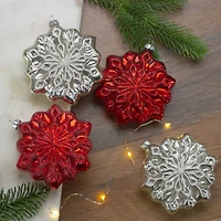 4ct. Red & Silver Glass Snowflake Hanging Christmas Decorations