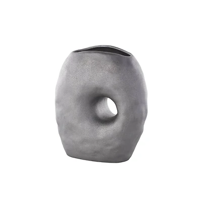12" Gray Abstract Wavy Donut Ceramic Vase with Cutout Center