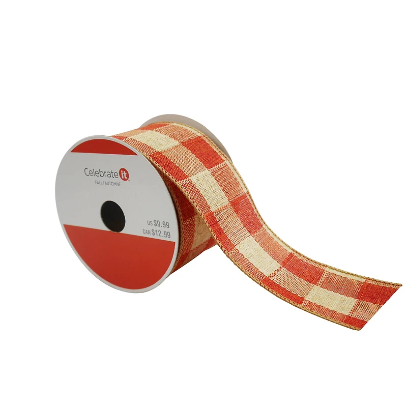 2.5" x 6.6yd. Rust Orange Plaid Faux Linen Wired Ribbon by Celebrate It®