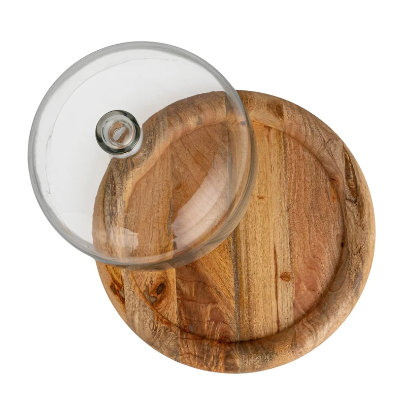 Hello Honey® 16" Round Glass Cloche with Mango Wood Base