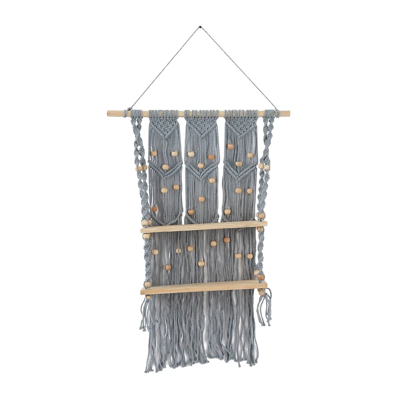 The Novogratz Gray Cotton Handmade 2 Shelves Macrame Wall Shelf 25" x 6" x 47"