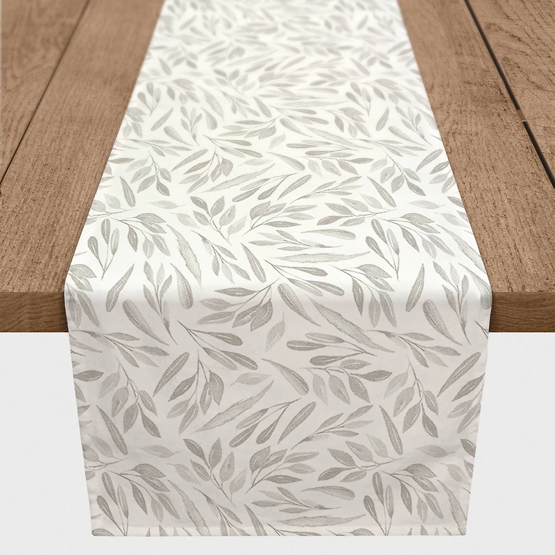 Soft Gray Leaves on White Outdoor Table Runner