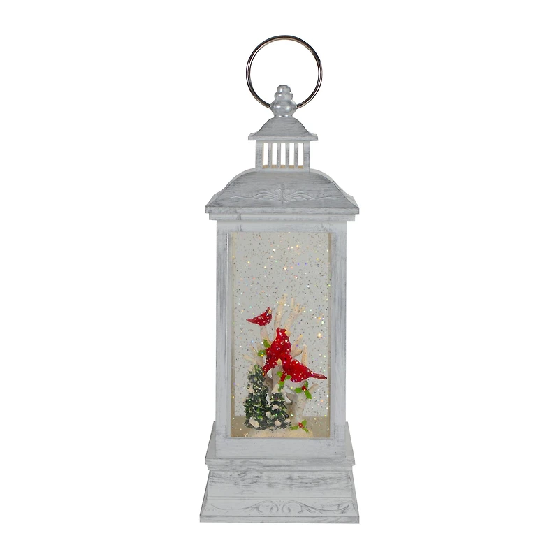 11" White & Brushed Silver Christmas Cardinals Snow Globe Lantern