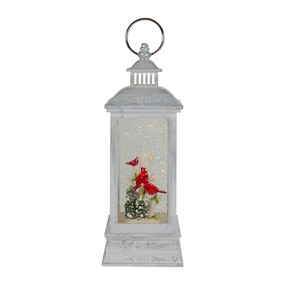 11" White & Brushed Silver Christmas Cardinals Snow Globe Lantern