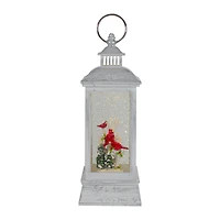 11" White & Brushed Silver Christmas Cardinals Snow Globe Lantern