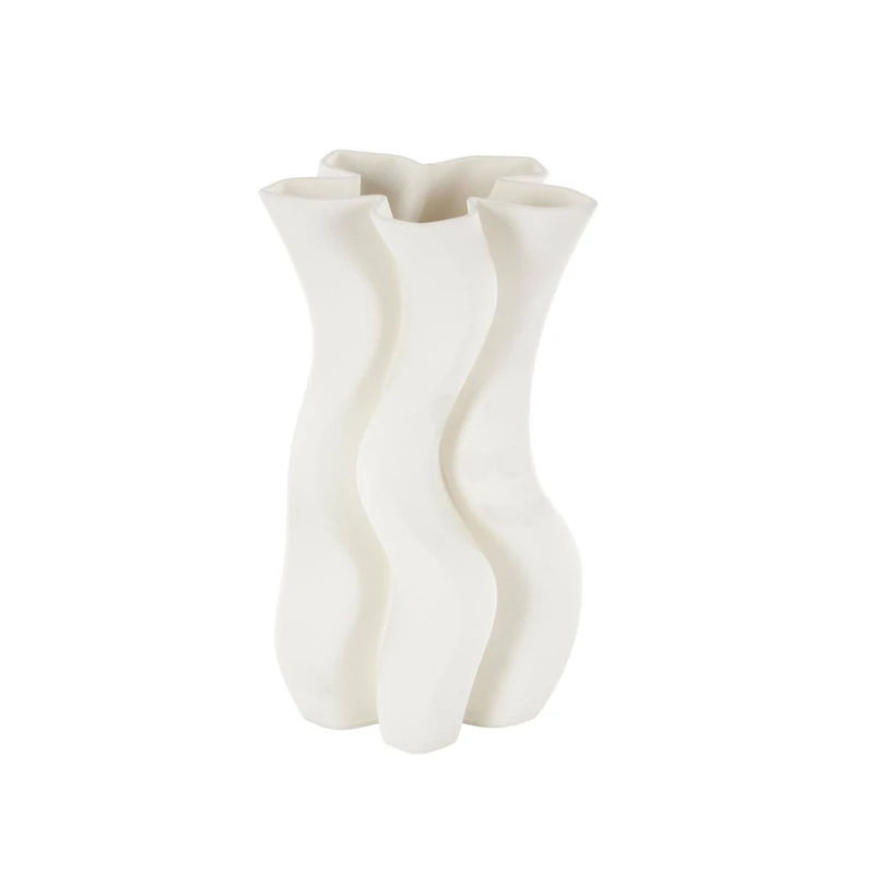 White Ceramic Abstract Ribbed Dimensional Wavy Vase with Floral Shaped Rim