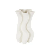 White Ceramic Abstract Ribbed Dimensional Wavy Vase with Floral Shaped Rim
