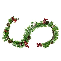 Glittered Artificial Boxwood Pine Cones & Red Berry Garland, Unlit