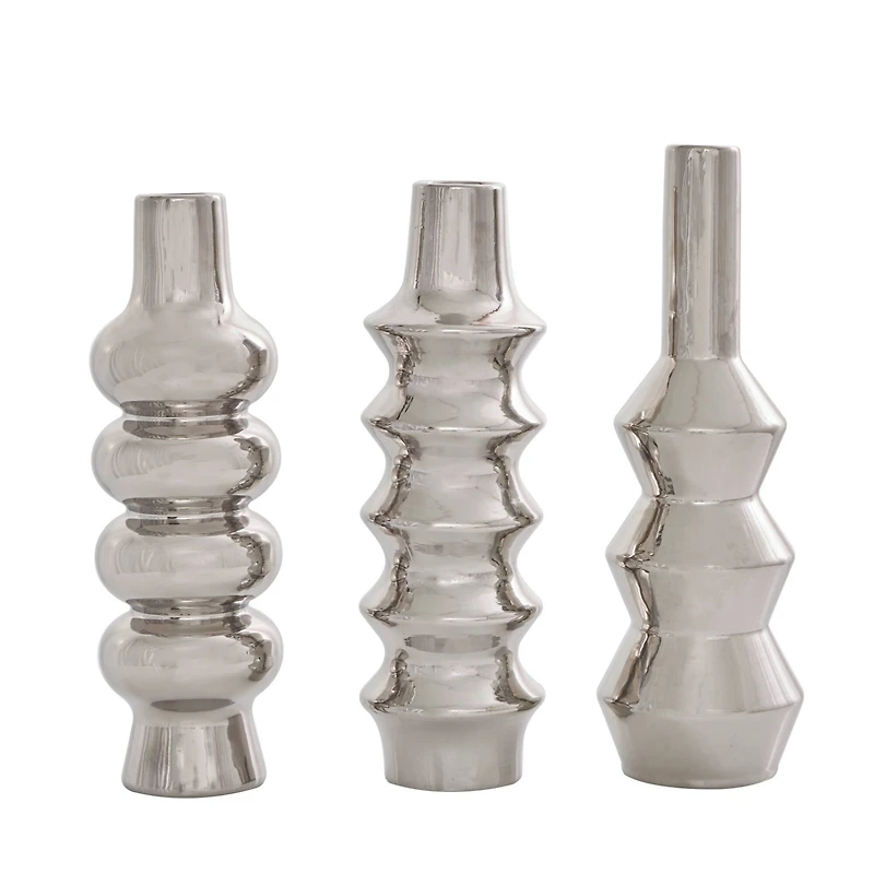 Silver Ceramic Abstract Bubble Ribbed Vase Set