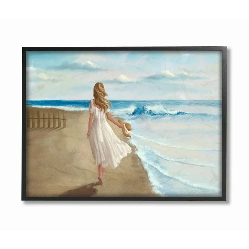 Stupell Industries Walk On The Beach Blue Ocean Painting in Frame Wall Art