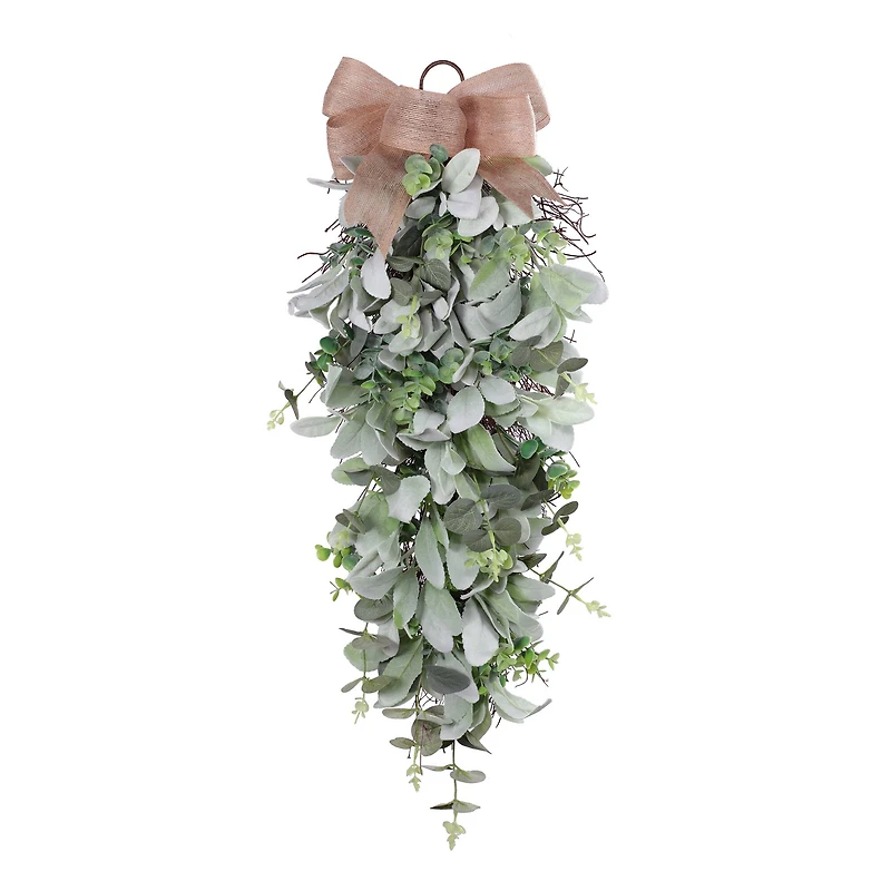 30" Lamb's Ear & Greenery Teardrop Swag with Bow