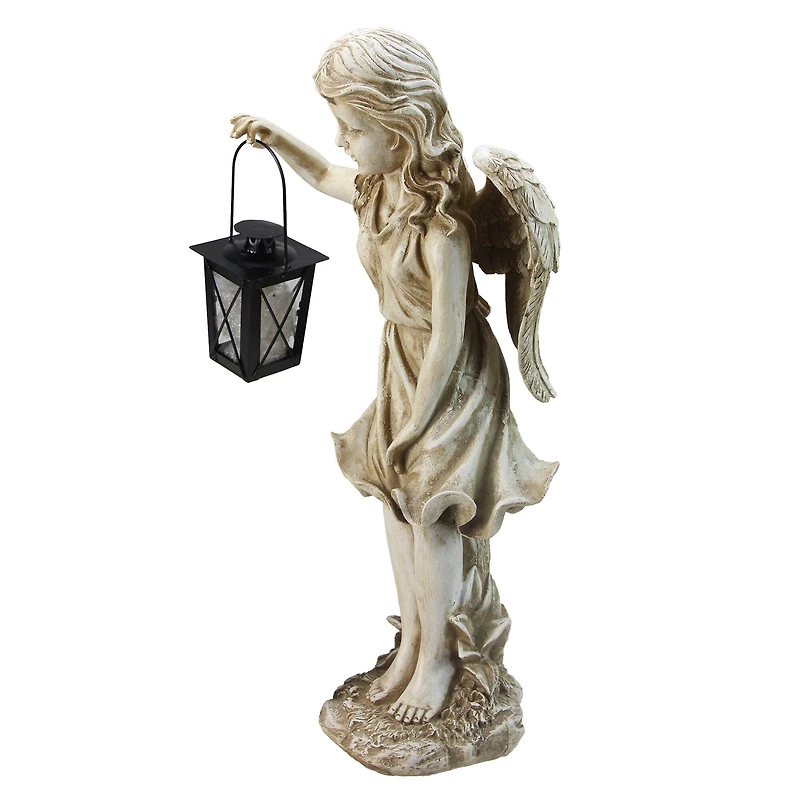 21" Lovely Weathered Ivory Standing Angel with Tealight Candle Lantern Outdoor Garden Statue