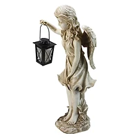 21" Lovely Weathered Ivory Standing Angel with Tealight Candle Lantern Outdoor Garden Statue