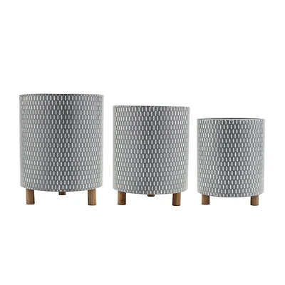 Geometric Design Iron Metal Planters with Wood Legs Set