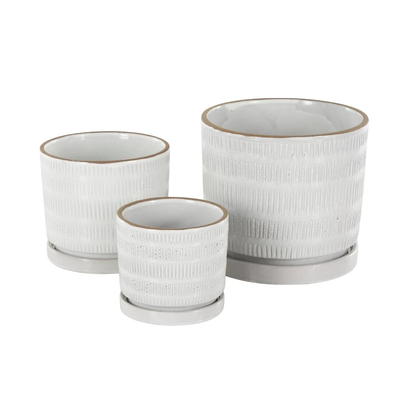 White Linear & Dotted Pattern Ceramic Planter Set